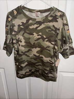 Misia Camouflage Crewneck Top Olive, Khaki & Tan NEW